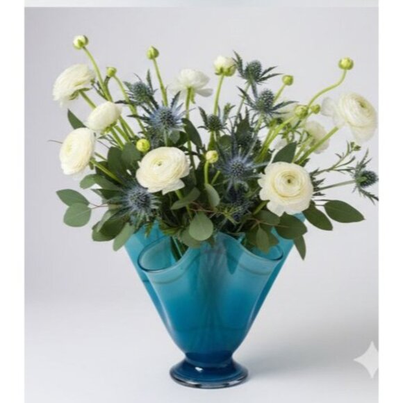 Hand Blown Ocean Waves Blue Art Glass Pedestal Vase Murano Mid Century Decor - Picture 3 of 16